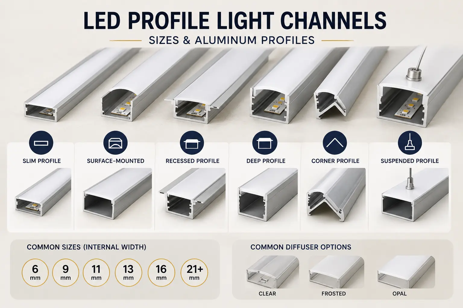 Profile light channel sizes and aluminum profiles