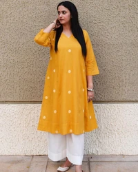 Beautiful Mustered Polka  designed kurti Pant set