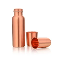 Plain Polished Copper Drinking Water Bottle 2 Glass Set