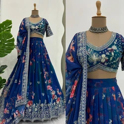 Cyan Color Georgette Lehenga with Digital Print and Thread Work