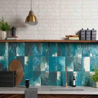 Modern Glossy Finish Kitchen Tiles Blue Color Walls