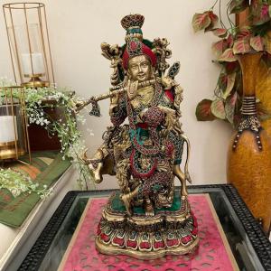 Brass Cow Krishna Idol